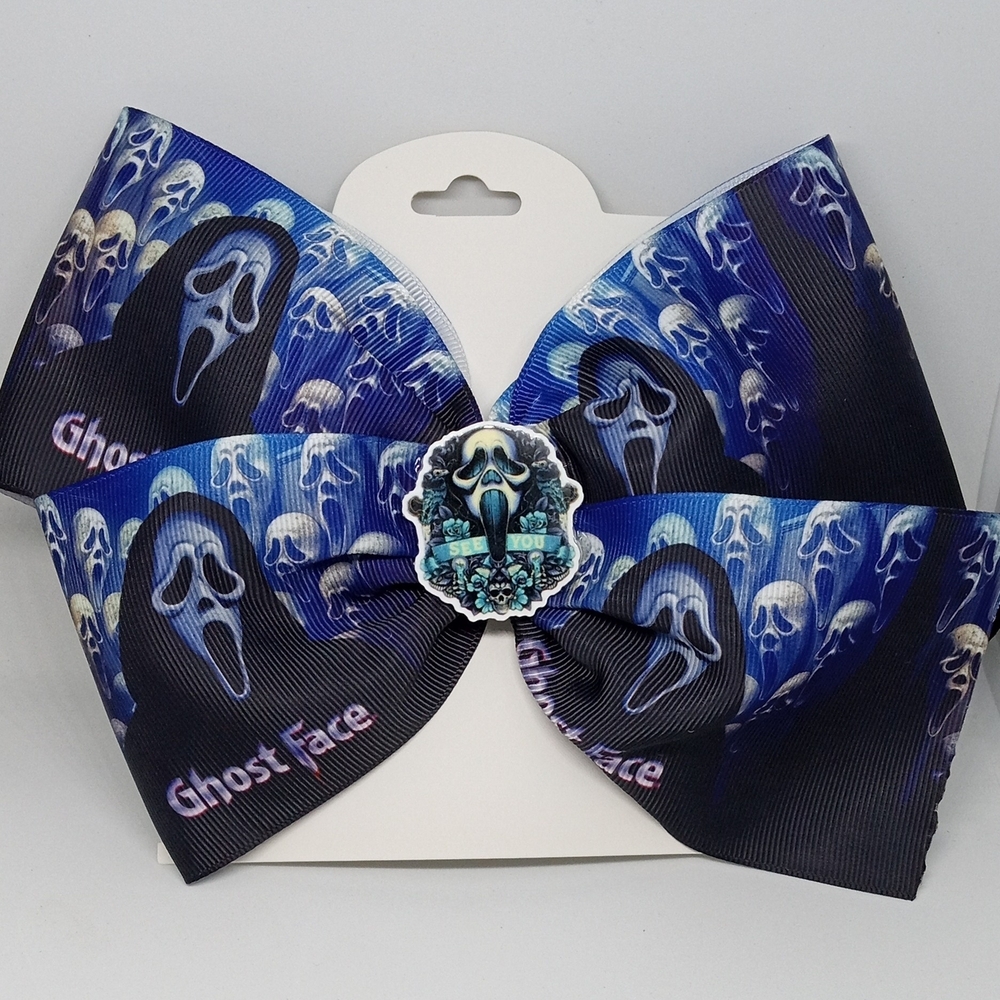 Hand Crafted Ghost Face Hair Bow - Blue and Black